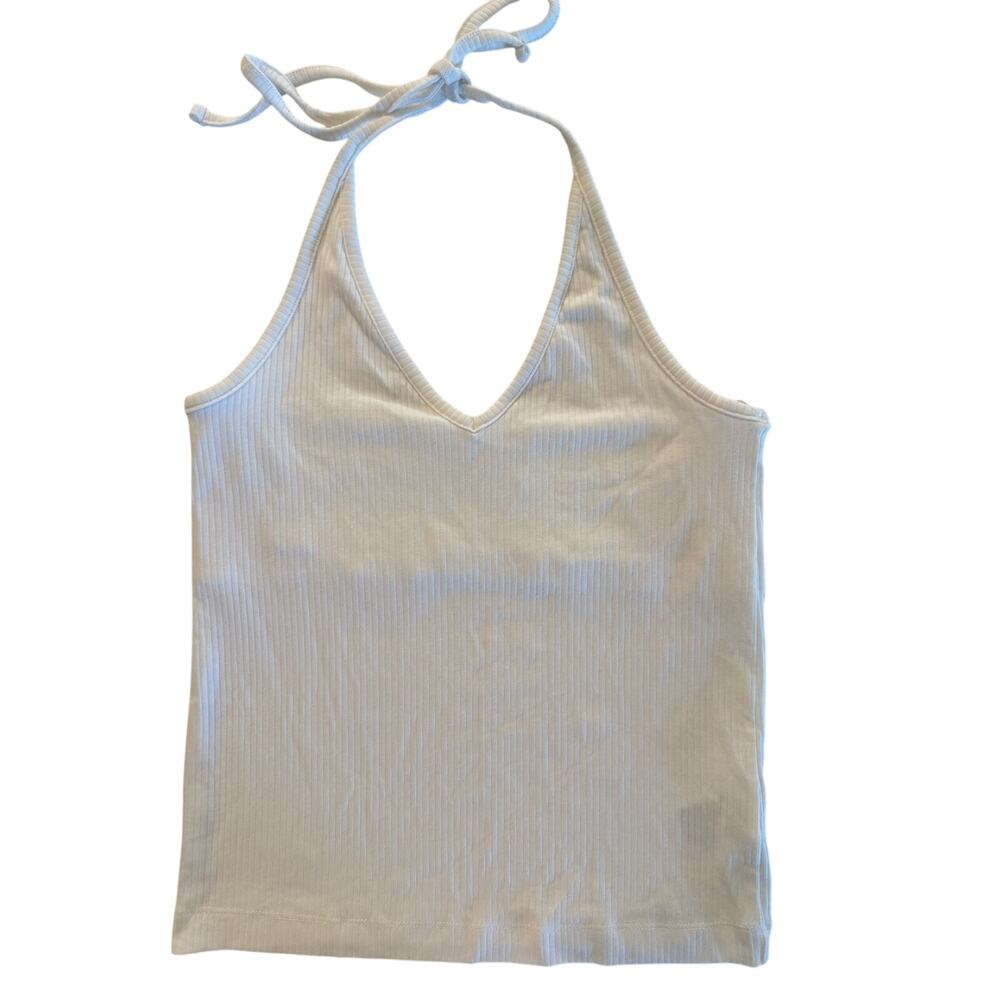 Old Navy Women Ribbed Halter Top White Built in Shelf Bra Cotton Blend SZ L NWT